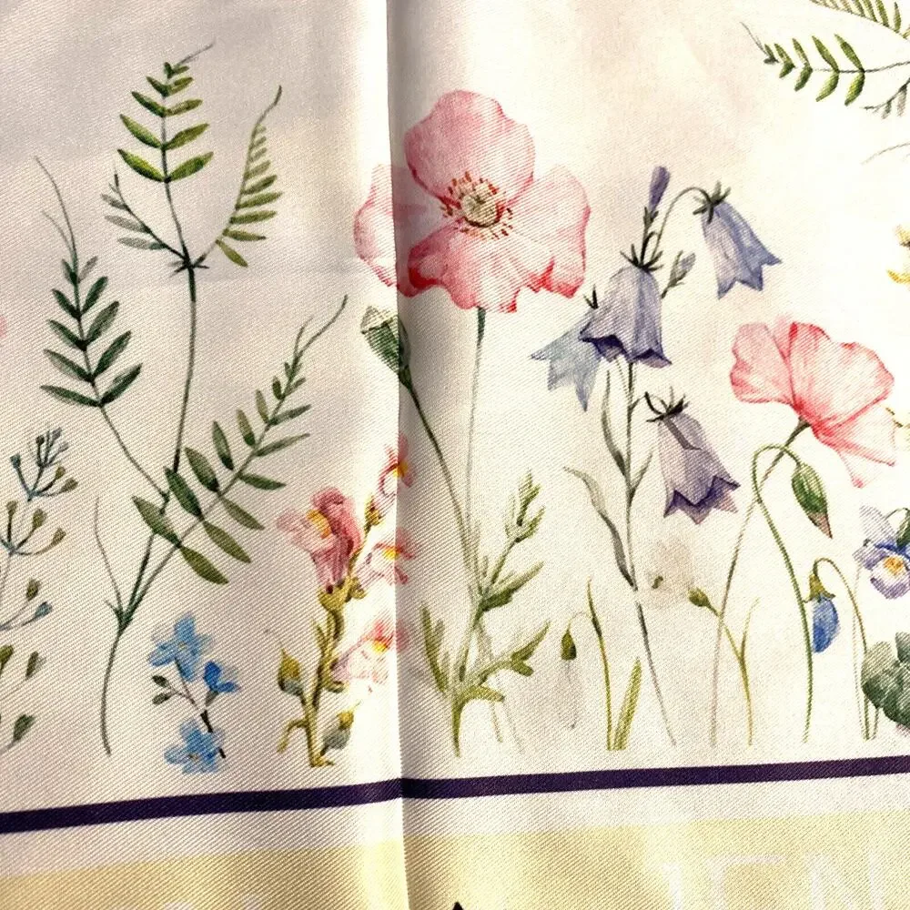 JFN Just Fashion Now silky square scarf floral motif blue yellow pink romantic